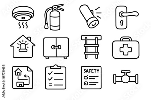 Home Safety Icons. Home safety doodle icon set: hand drawn icons of smoke detector, fire extinguisher, emergency flashlight, door