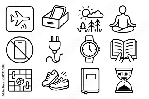 Digital Detox Icons. Digital detox doodle icon set: hand drawn icons of airplane mode icon, phone in drawer, nature doodle,