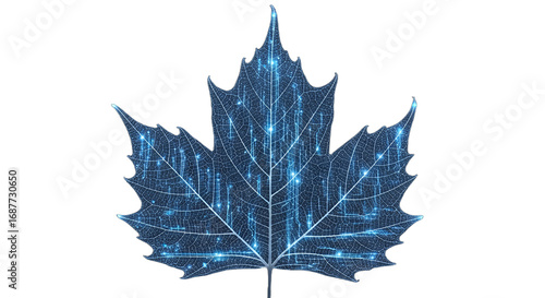 Canadian digital innovation represented by a glowing blue maple leaf with interconnected data lines and nodes, ideal for tech, AI, cybersecurity, green technology, or national identity concepts,