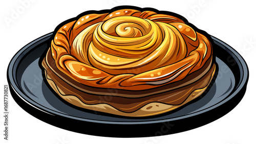 A caramelized golden kouign-amann pastry glistens with buttery layers. Presented elegantly on a dark dish, isolated against white background, it symbolizes Brittany’s unique pastry tradition, sweetnes