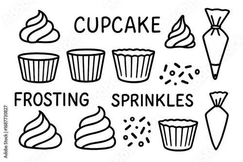Cupcake Decorating Icons. Cupcake decorating doodle set: hand drawn icons for frosting, sprinkles, wrappers, and piping bags,