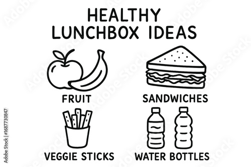 Healthy Lunchbox Doodles. Healthy lunchbox ideas doodle set: hand drawn icons for fruit, sandwiches, veggie sticks, and water