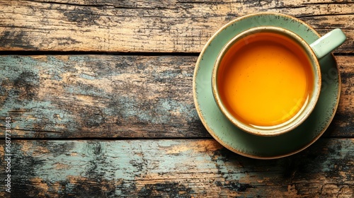A steaming cup of herbal tea on wood in soft focus evokes warmth, mindfulness