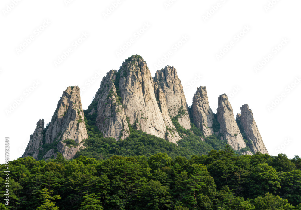 Obraz premium Majestic, pristine mountain range with robust peaks and earthy rock formations, detailed with lush green trees at its base, isolated on a transparent background, concept of natural strength and purity