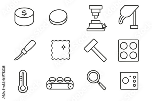 Coin Minting Icons. Line style icons of coin minting process: coin die, metal blank, striking press, molten pour; engraver’s tool,