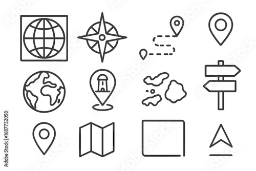 Map Icon Line Art. Line style icons of map stamps: world map grid, compass rose, trail line, route pin; globe outline, landmark