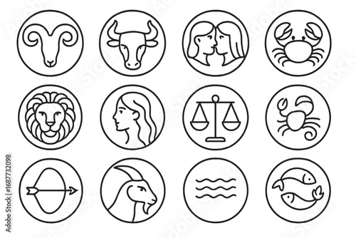Zodiac Icons Collection. Line style icons of zodiac coins: Aries horn, Taurus bull coin, Gemini twins, Cancer crab design; Leo