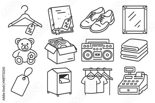 Thrift Store Icons. Line style icons of thrift store finds: hanger with discount, worn book with tag, secondhand shoes, framed
