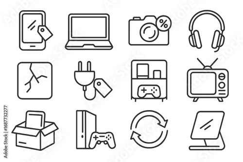 Secondhand Electronics Icons. Line style icons of secondhand electronics deals: used phone with sticker, open laptop, discount