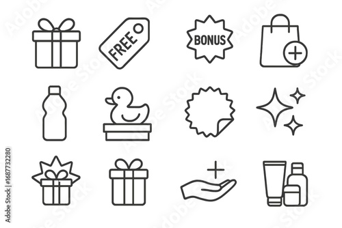 Promotional Gift Icons. Line style icons of promotional gifts: gift box with ribbon, “free” tag, bonus item, shopping bag with