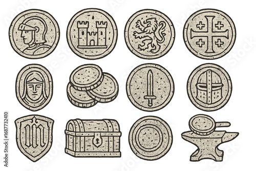 Medieval Coin Icons. Line style icons of medieval coins: knight head coin, castle imprint, heraldic lion, crusader cross; shielded