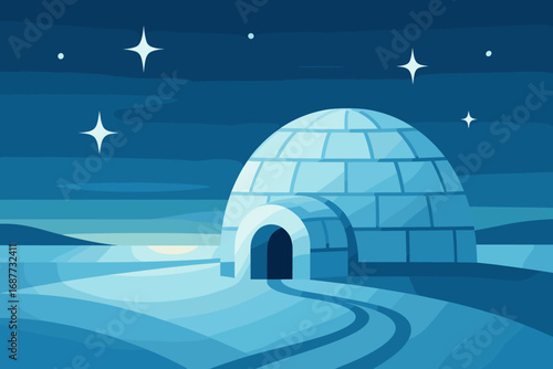 Igloo Under Starlit Sky. Modern vector panel showing igloo near shimmering horizon and solitude icon set for dome ice blocks, tiny