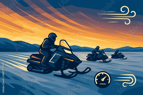 Snowmobiles Under Glowing Sky. Vector layout showing snowmobiles crossing tundra with glowing sky and speed icon set for motion