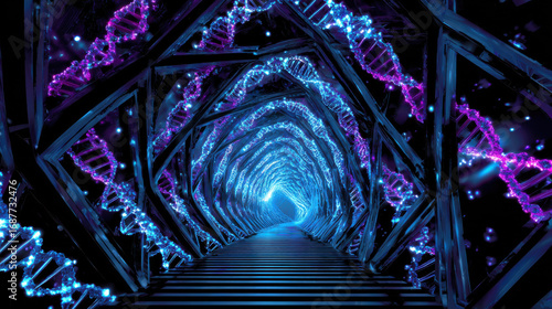 Explore vibrant dna database system that illuminates futuristic tunnel with glowing strands and captivating colors
