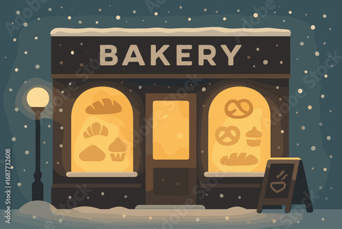 Cozy Bakery Snowstorm Scene. Minimalist vector strip with bakery windows glowing in snowstorm and cozy street icon set for