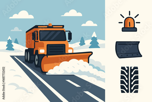 Snow Plow Icons. Vector strip showing snow plow cleaning roads and maintenance icon set for blade, flashing light, tire tread and