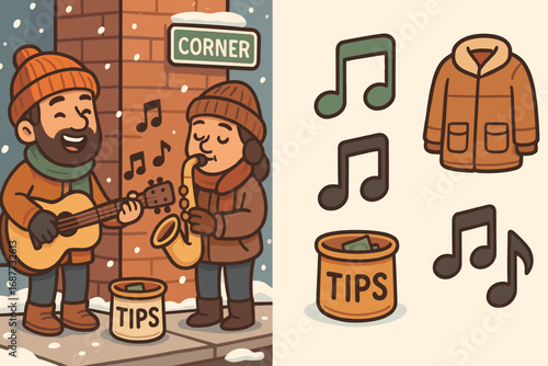 Street Musicians in Snow. Cartoon-style horizontal panel showing street musicians in snowy corner and creative city icon set for