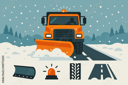 Snow Plow Icons. Vector strip showing snow plow cleaning roads and maintenance icon set for blade, flashing light, tire tread and