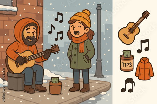 Street Musicians in Snow. Cartoon-style horizontal panel showing street musicians in snowy corner and creative city icon set for