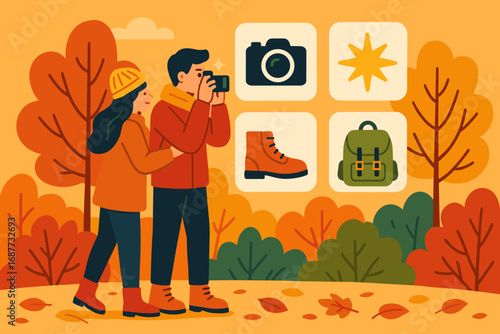 Capturing Colorful Memories. Colorful scene of couple photographing foliage and memory icon set for camera, flash sparkle, boots