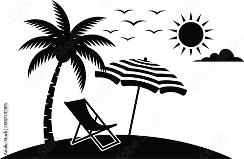 Tropical Beach Scene with Palm Tree, Umbrella, Chair, Sun, Birds Black Silhouette Vector