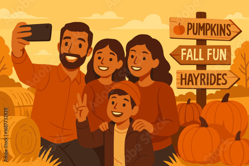 Family Fall Selfies. Vector banner showing family taking selfies among pumpkins, festive hay bales and fall-themed wooden signs
