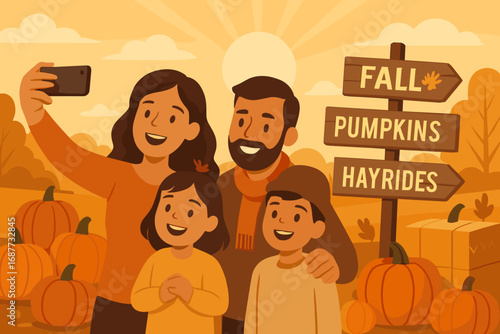 Family Fall Selfies. Vector banner showing family taking selfies among pumpkins, festive hay bales and fall-themed wooden signs
