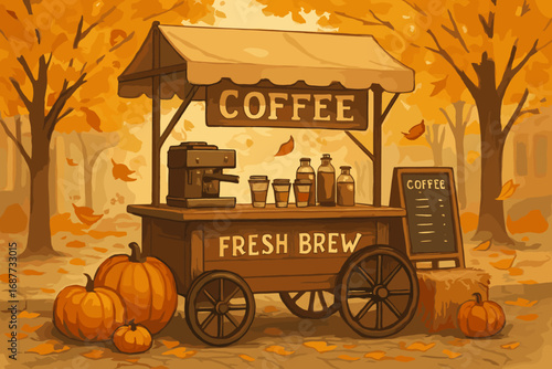 Rustic Autumn Coffee Cart. Illustrated street view of rustic autumn coffee cart with fresh brews, decorative pumpkins, hay bales