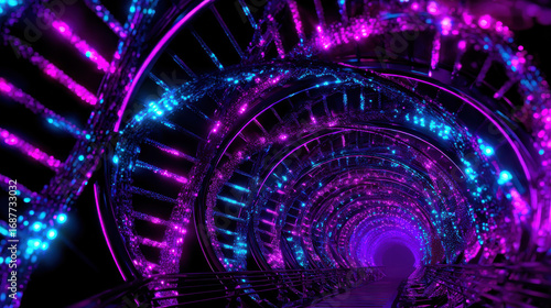 Vibrant dna database system creates mesmerizing tunnel of lights in shades of purple and blue, captivating viewer imagination