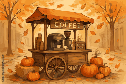 Rustic Autumn Coffee Cart. Illustrated street view of rustic autumn coffee cart with fresh brews, decorative pumpkins, hay bales