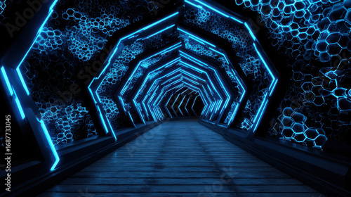 Futuristic tunnel featuring glowing blue lights and hexagonal patterns creates captivating atmosphere this digital space. dna database system