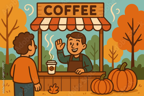 Festive Barista Greeting. Cartoon-style banner with barista greeting customer from festive booth surrounded by coffee scent,