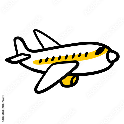 Cartoon airplane with yellow accents flying 
