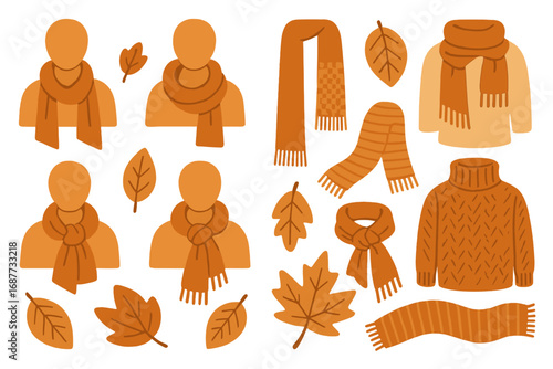 Scarf Styles and Leaves. Vector layout with stylized illustrations of scarf tying styles, various cozy neckwear options and autumn