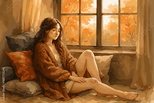 Cozy Autumn Lounge. Scene of girl lounging in oversized cardigan with fall window view, pillow pile and soft lighting ambiance.