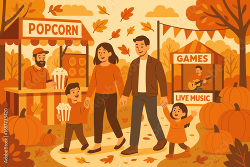 Autumn Family Festival. Charming vector layout of family walking through autumn festival grounds with popcorn, games, pumpkins and
