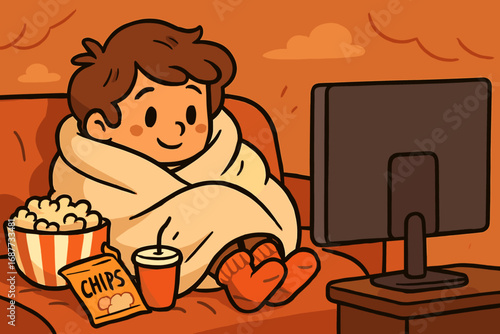 Cozy Movie Night. Cartoon-style horizontal panel showing person curled up in blanket watching a movie with snacks and warm socks.