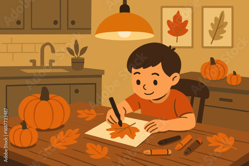 Autumn Kitchen Creativity. Vector scene of child drawing at kitchen table decorated with pumpkins, leaf prints and ambient pendant