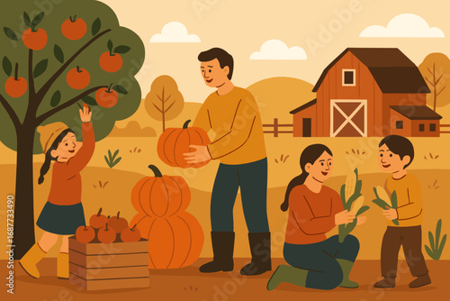 Fall Harvest Family. Vector illustration of family working on fall harvest — picking apples, stacking pumpkins, gathering corn