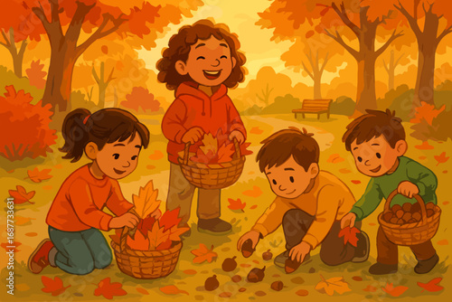 Children Gathering Autumn Treasures. Illustrated park scene with kids collecting acorns and colorful leaves in baskets during