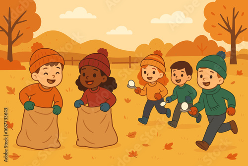Autumn Field Day Races. Vector scene of autumn field day races — sack races, egg-on-spoon, with kids in knit hats and gloves.