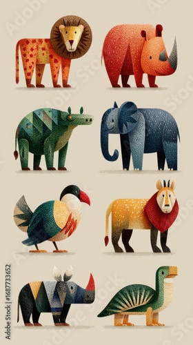 Colorful illustrations of wild animals showcasing diversity and creativity in design from a unique artistic perspective