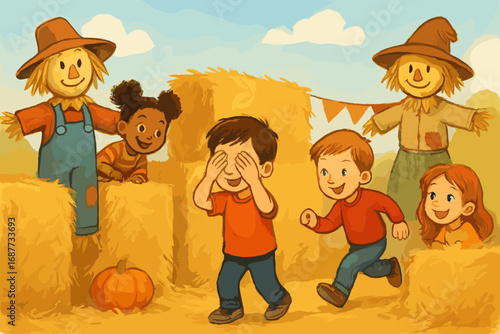 Autumn Hide and Seek. Horizontal layout of children playing hide and seek among hay bales and scarecrows at local fall fair.