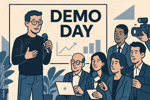 Tech Demo Day. Vector art of tech founder presenting at demo day, surrounded by venture scouts, investors and press.
