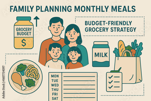 Budget-Friendly Meal Planning. Vector layout of family planning monthly meals based on budget-friendly grocery strategy.