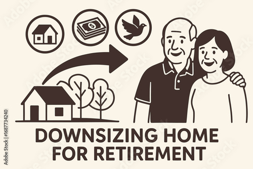 Retirement Simplified. Vector layout of couple downsizing home for retirement with icons of small house, cash, and freedom.