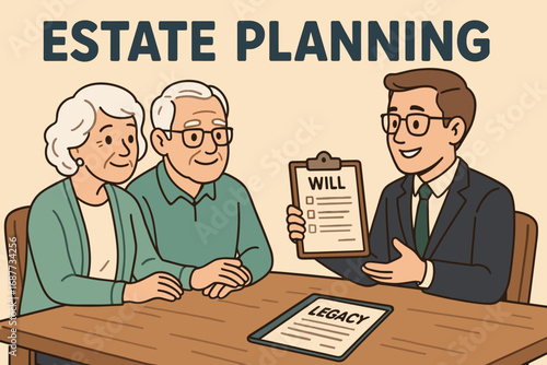 Estate Planning Meeting. Cartoon-style banner of retired couple meeting with estate planner to review legacy and will options.