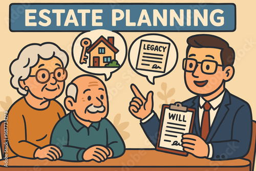 Estate Planning Meeting. Cartoon-style banner of retired couple meeting with estate planner to review legacy and will options.