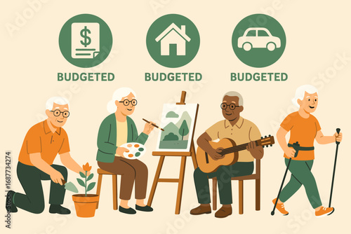 Retirees' Budgeted Hobbies. Vector art of retirees enjoying hobbies with expense icons labeled “budgeted,” reflecting smart