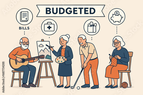 Retirees' Budgeted Hobbies. Vector art of retirees enjoying hobbies with expense icons labeled “budgeted,” reflecting smart